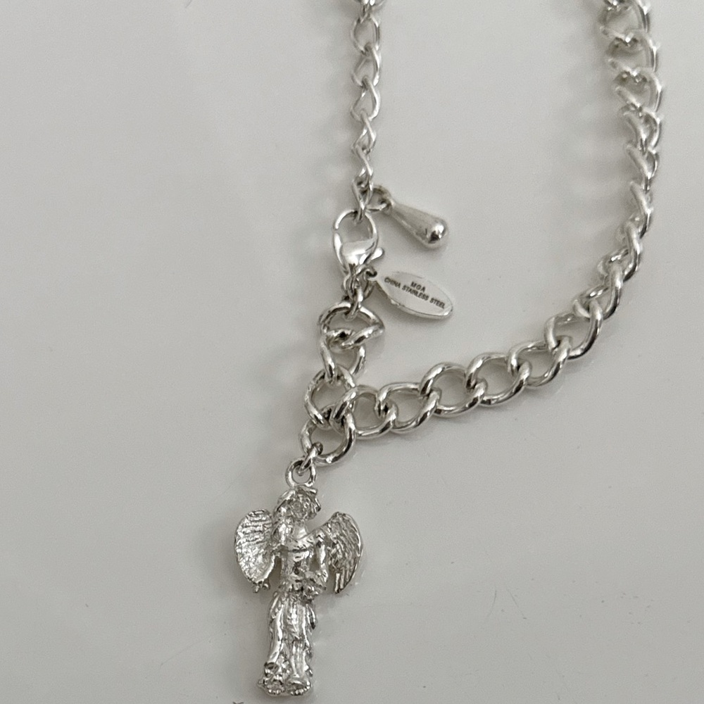 MGA Links Bracelet, Stainless Steel, Angel Pendant, 7.5 Inch plus 1 Inch